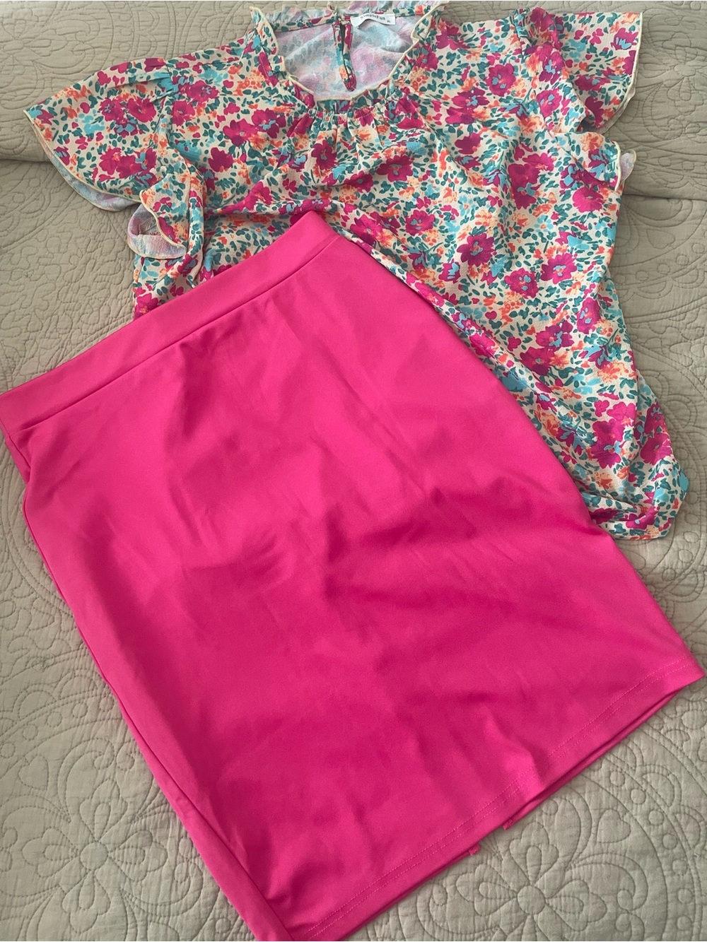Hot Pink Women's Pencil Skirt with Matching Blouse - Stylish Everyday Essential